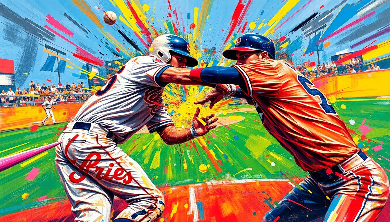 An extreme close-up of two players colliding on a baseball field, with their bodies and uniforms dissolving into a chaotic swirl of neon paint strokes, capturing the raw energy and danger of the moment.