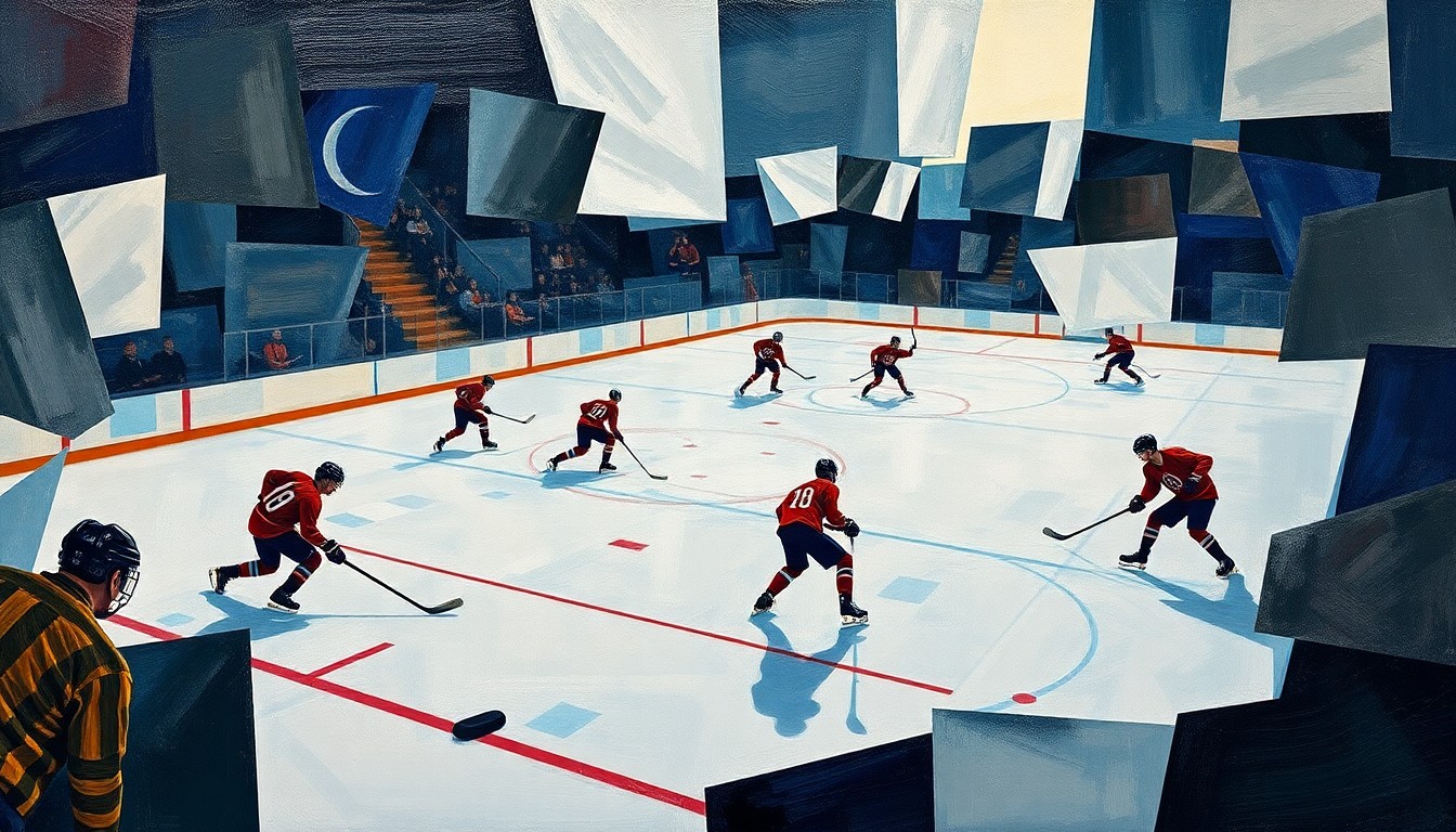 A cubist, geometric painting depicting the chaotic action of a hockey game, with fragmented shapes and planes representing the players, puck, and ice surface.