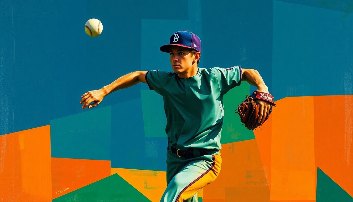 A fragmented, cubist-style painting depicting a baseball pitcher's throwing motion broken down into sharp, overlapping geometric shapes in a palette of navy, green, and orange, conveying the disruption caused by the injury to the White Sox pitching staff.
