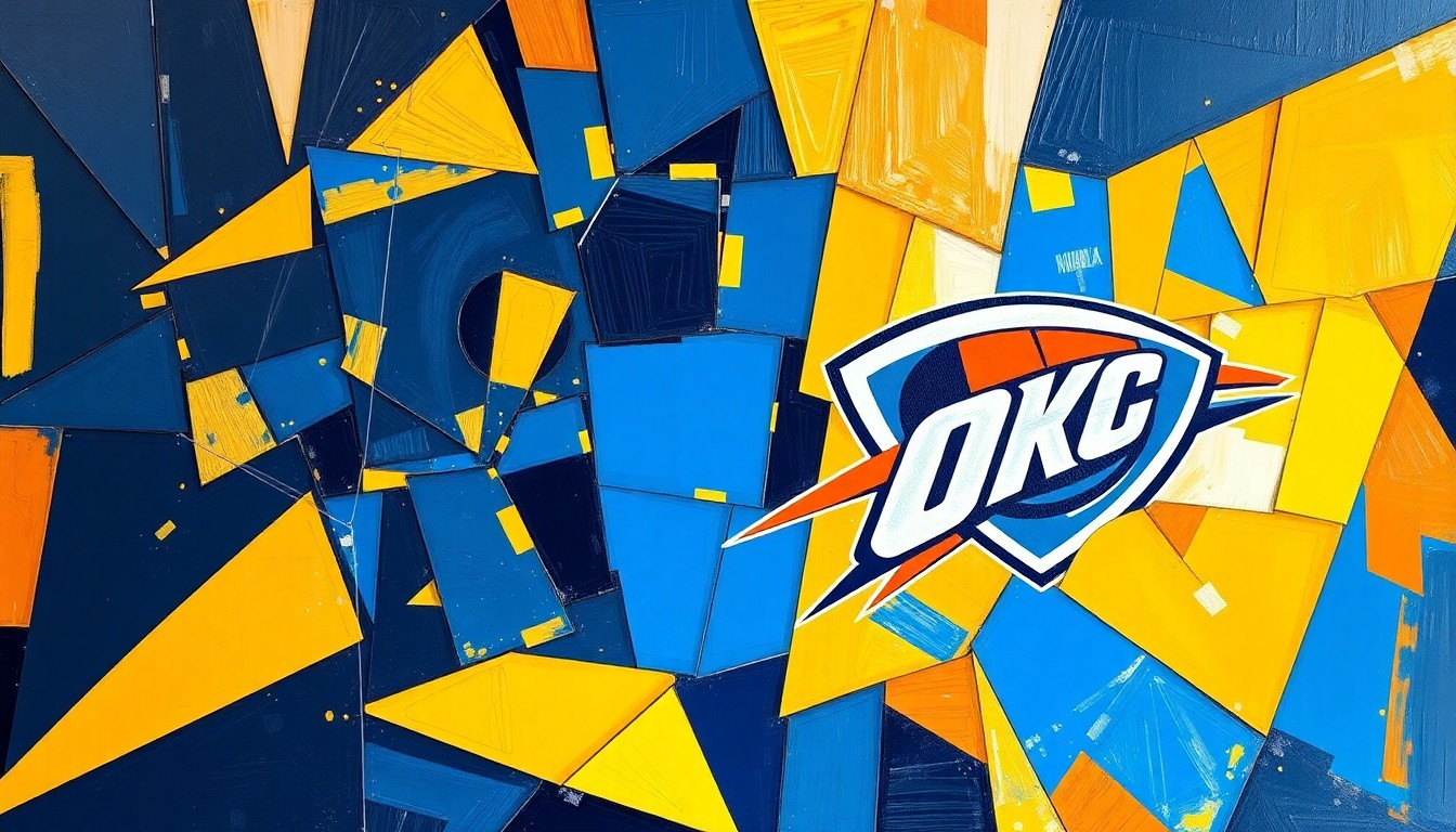 A cubist, geometric painting depicting a basketball game between the Denver Nuggets and Oklahoma City Thunder, with the players and court broken down into sharp, overlapping planes of vibrant blue, gold, orange, and navy colors.