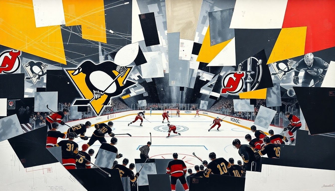 A fragmented, geometric painting depicting a hockey game in progress, with the players and puck represented as overlapping planes of color in the styles of the Penguins and Devils uniforms.