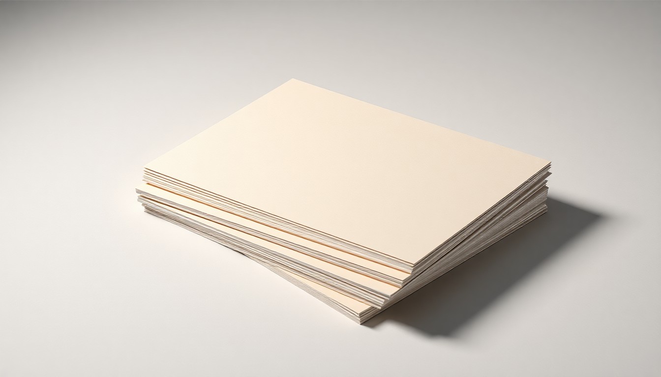 A high-end, photorealistic studio still-life photograph featuring a stack of premium, matte-finished paperboard sheets in a neutral color palette, resting on a clean, monochromatic seamless background with sharp, dramatic lighting and deep shadows.