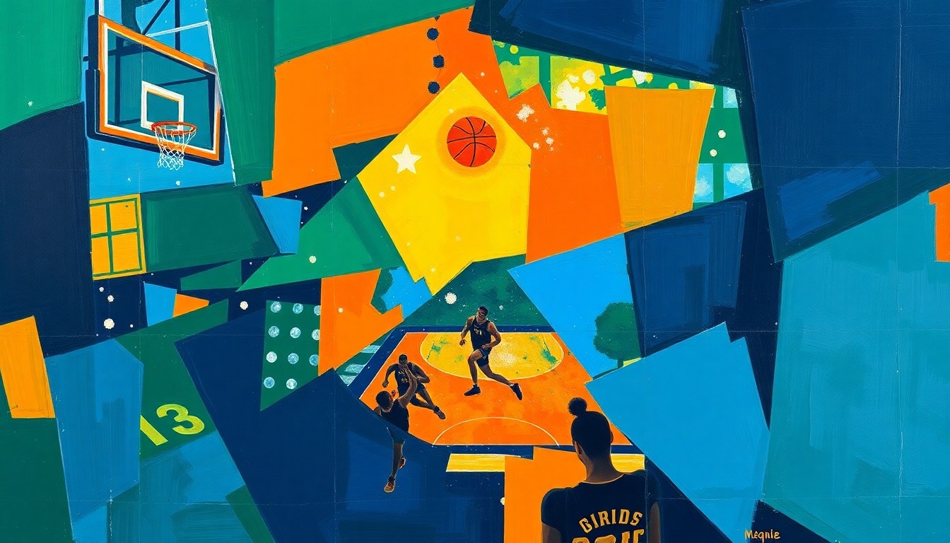 A fractured, geometric painting depicting the fast-paced action of a basketball game, with sharp planes of navy, green, and orange overlapping to create a sense of energy and movement.