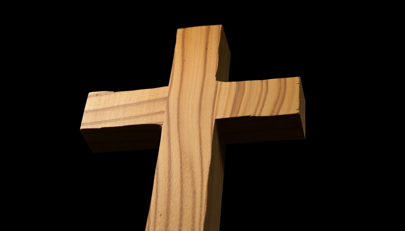 An extreme close-up photograph of a hand-carved wooden cross, the texture and grain of the wood the focal point under harsh, direct lighting against a pitch-black background, conveying a somber, investigative mood.