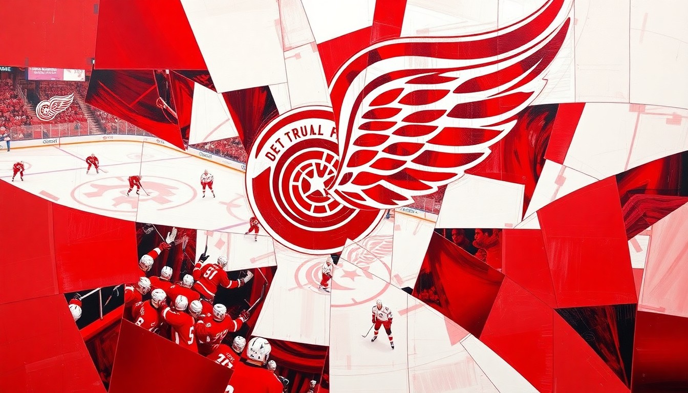A fractured, cubist-style painting depicting a Detroit Red Wings hockey game, with the players and action broken down into sharp, overlapping geometric shapes and planes in the team's signature red and white colors.
