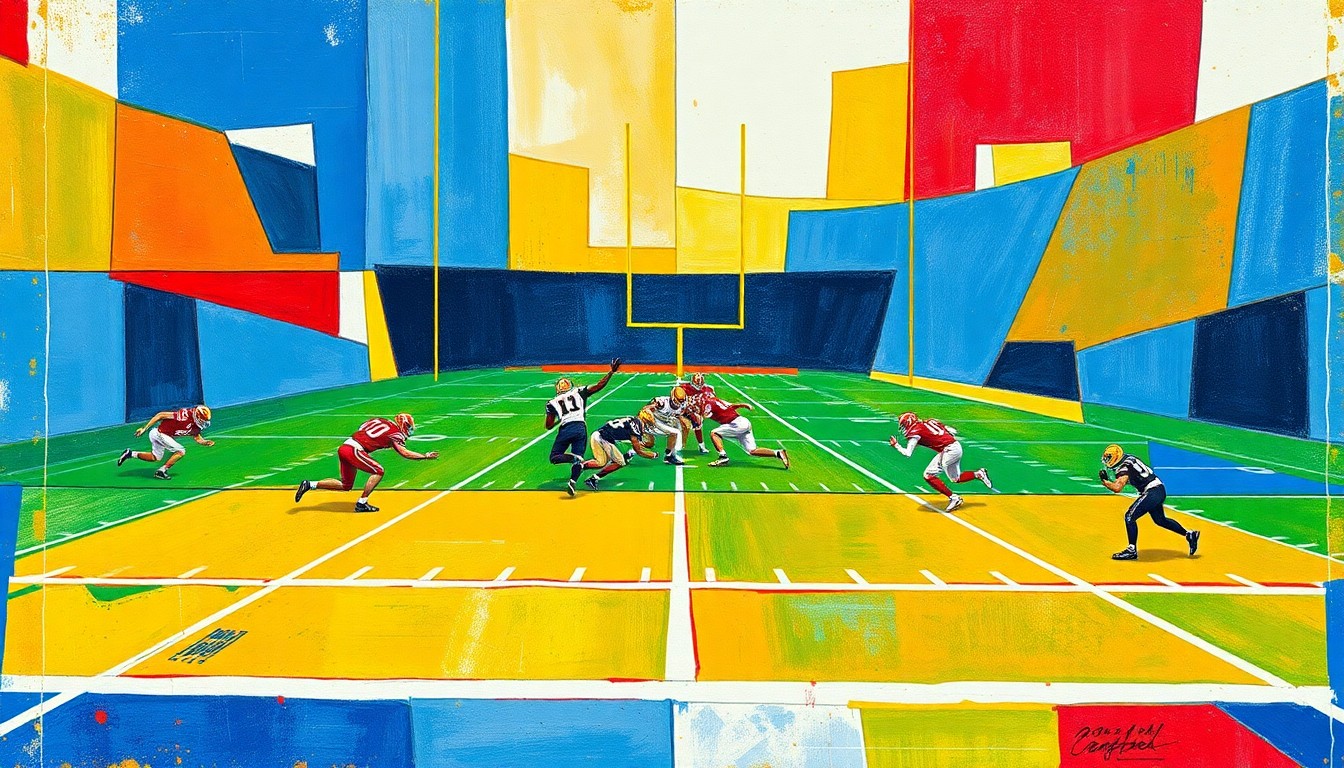 A fractured, cubist-style painting depicting the chaotic action of a college football red-zone scrimmage, with players, goal posts, and the field broken down into sharp, overlapping geometric shapes in vibrant colors.