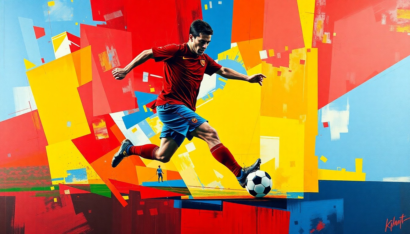 A fragmented, geometric painting depicting a soccer player in motion, with sharp planes of color and overlapping perspectives, conveying the dynamic energy and competitive pressures of professional football.