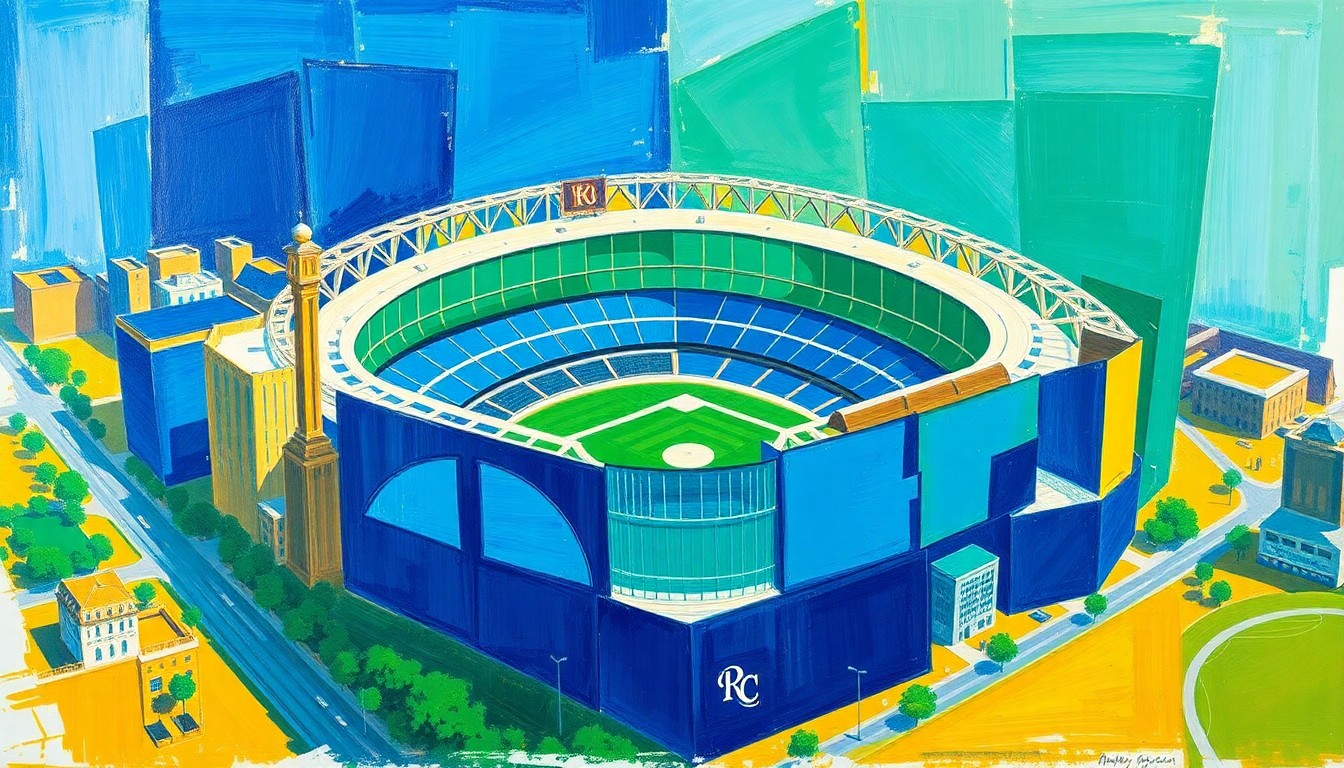 A cubist, geometric painting depicting the proposed Kansas City Royals stadium and surrounding development, with sharp planes of blue, green, and yellow representing the various elements of the project.