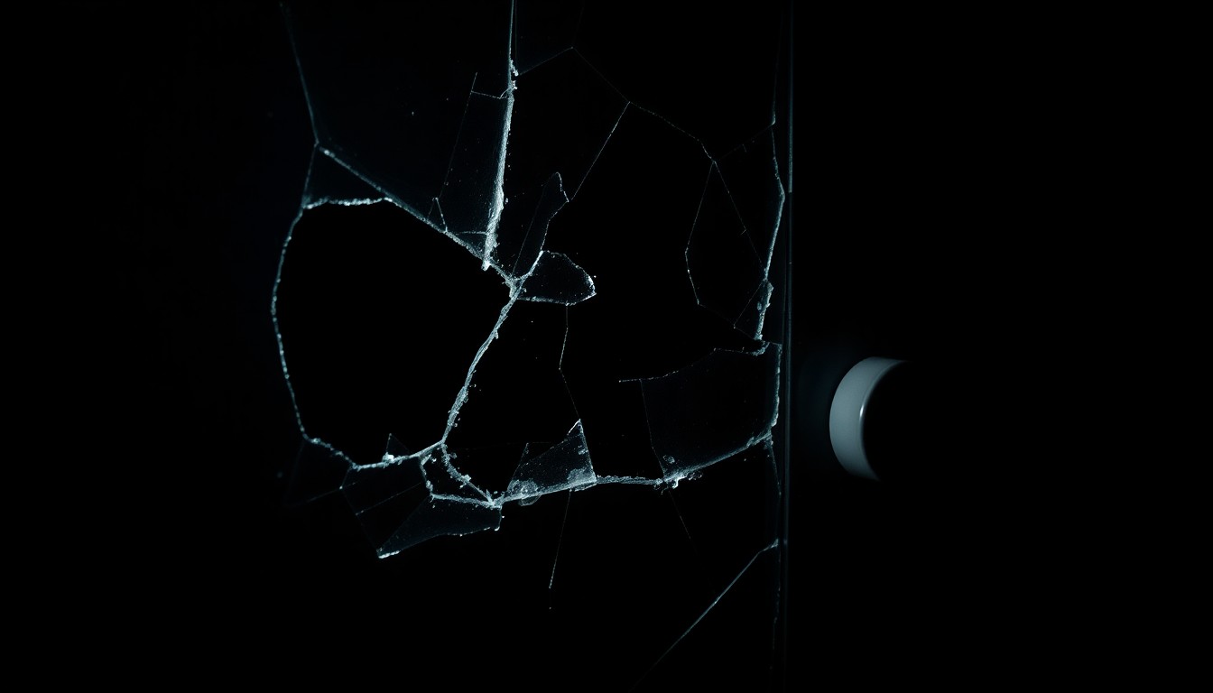 An extreme close-up photograph of damaged school property, such as a locker or window glass, captured with harsh, direct lighting to convey a sense of investigation and urgency around the incident.