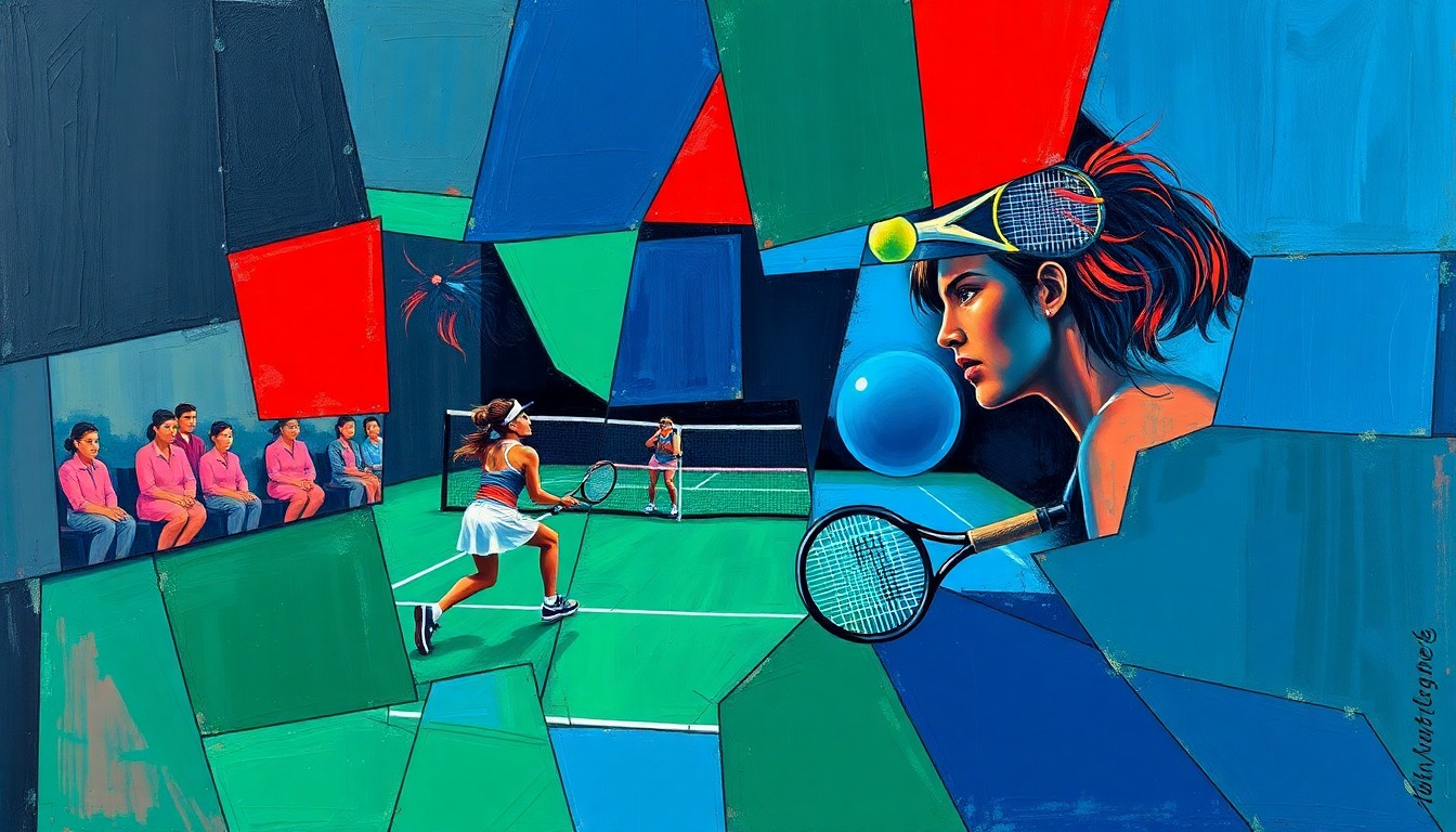A fragmented, geometric painting depicting a women's tennis match, with overlapping planes of navy, emerald, and crimson representing the sport's evolving challenges and opportunities.