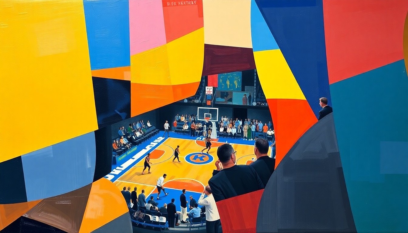 A fractured, cubist-style painting depicting the action of a basketball game, with players and the court broken down into geometric shapes and planes of color, conveying the intensity and competitiveness of the matchup between the Knicks and Celtics.