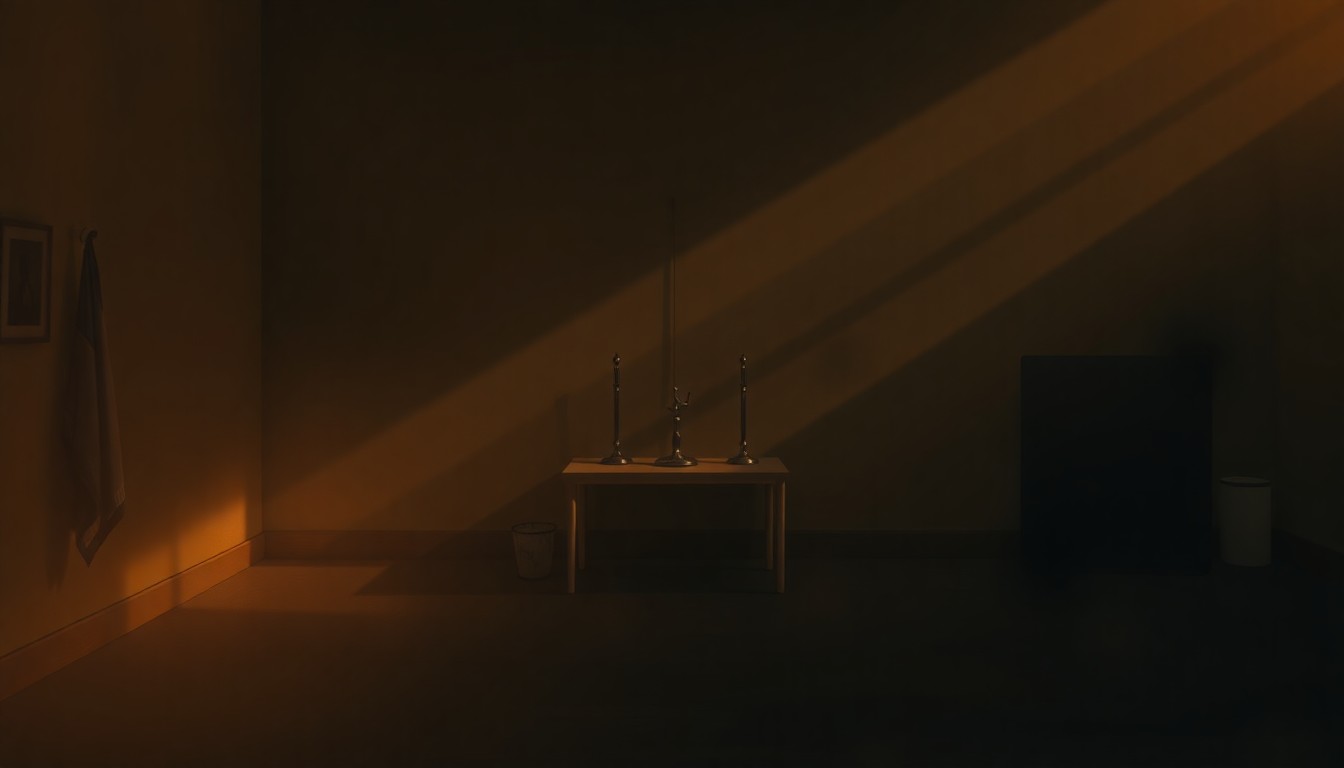 A serene, cinematic painting depicting a deserted urban street corner with a lone streetlight casting warm, diagonal shadows across the pavement, conceptually representing the quiet, contemplative nature of demographic shifts.