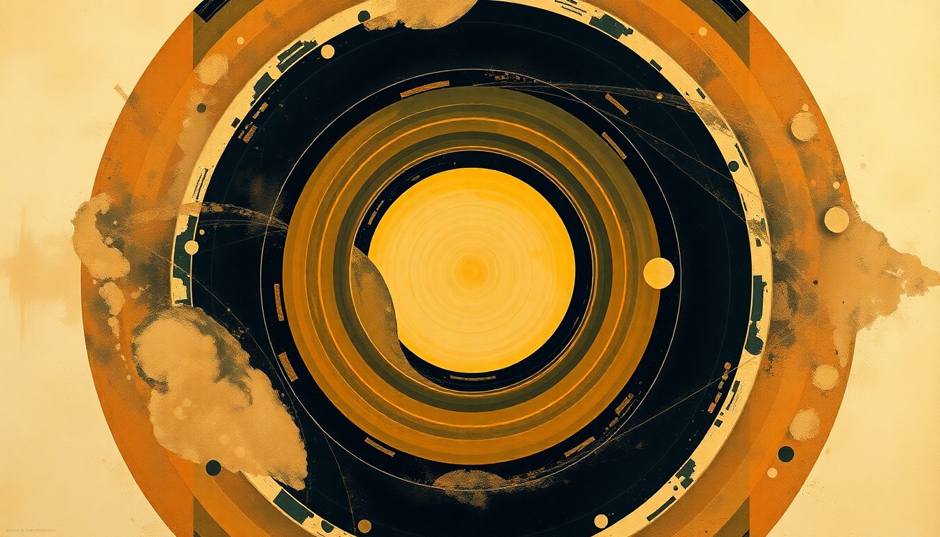 A highly structured abstract painting featuring sweeping geometric arcs, concentric planetary circles, and precise botanical spirals in earthy tones, conceptually representing the complex forces and concepts of the Artemis II lunar mission.