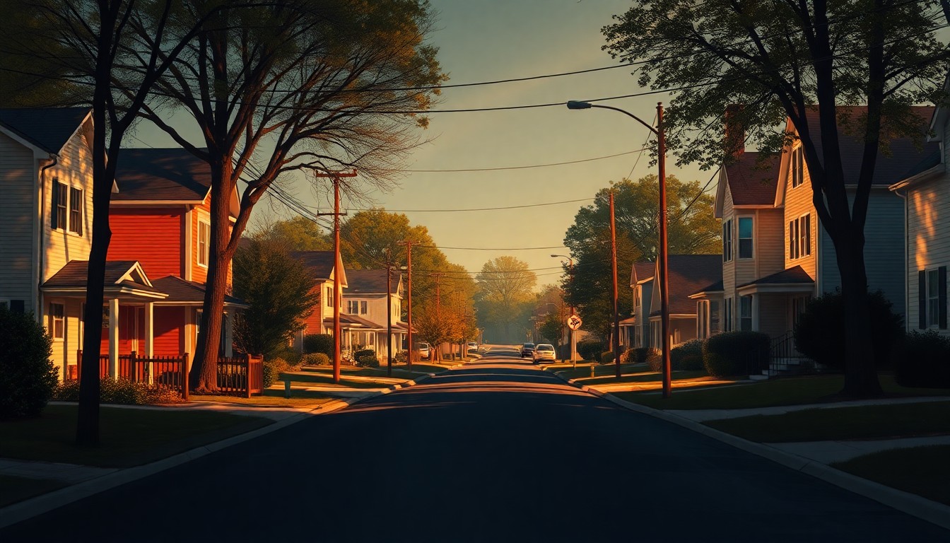 A serene, nostalgic painting of a residential street in Raleigh, North Carolina, with warm sunlight casting long shadows across the homes and trees, conveying the contemplative mood of a community concerned about the burden of rising property taxes.