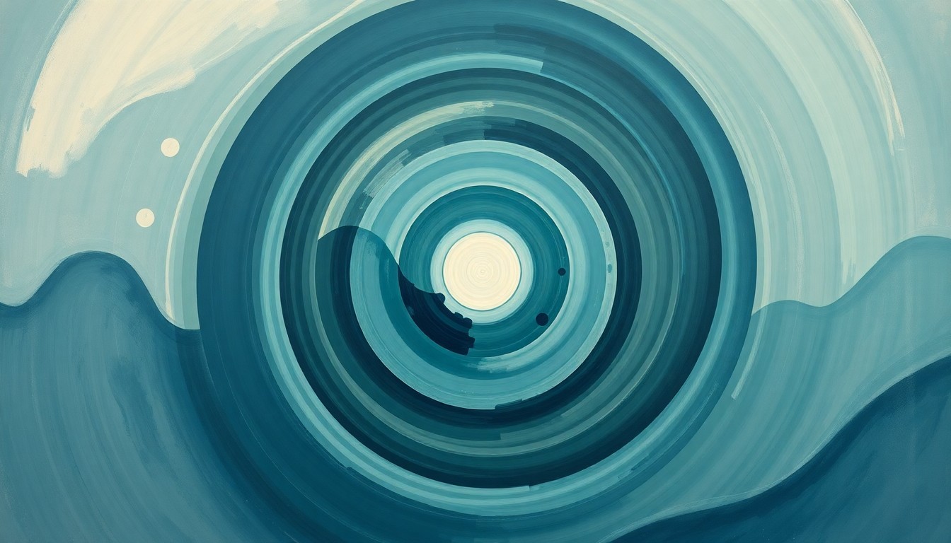 An abstract, highly structured painting in muted tones of blue, green, and gray, featuring sweeping geometric arcs, concentric circles, and precise spirals, visually representing the intricate scientific forces and concepts behind the ocean's methane feedback loop.