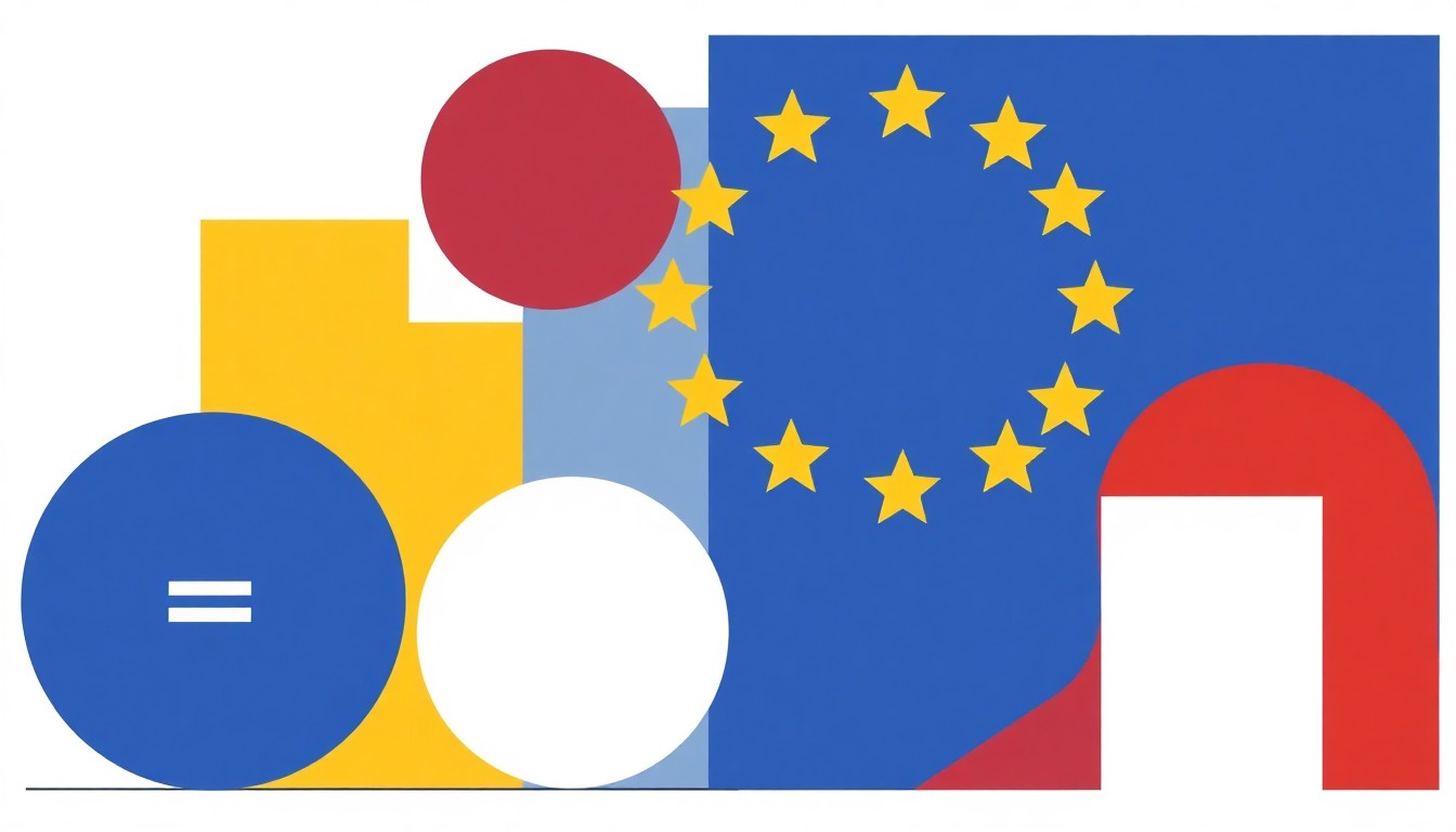 A visually striking abstract illustration composed of overlapping triangles and circles in shades of blue, red, and yellow, conveying the conceptual themes of economic change, political division, and national identity surrounding Bulgaria's euro adoption.