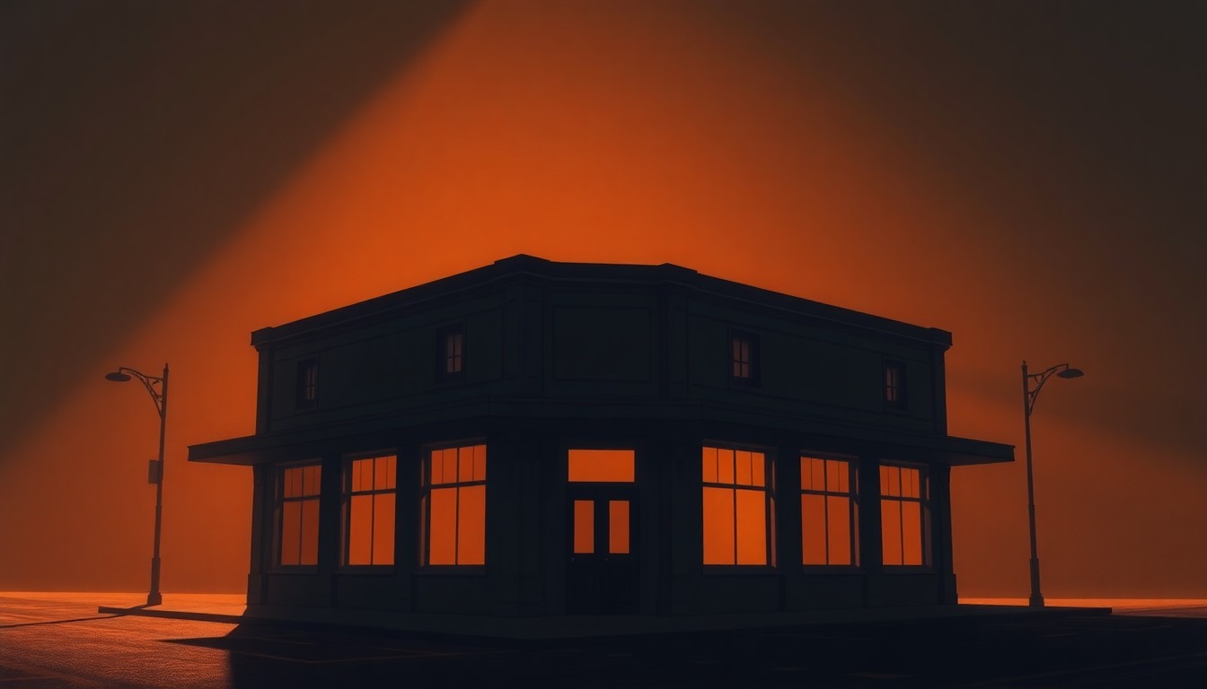 A dimly lit, cinematic painting of a municipal building with warm sunlight streaming through the windows and deep shadows across the facade, conveying a sense of civic contemplation and community engagement.