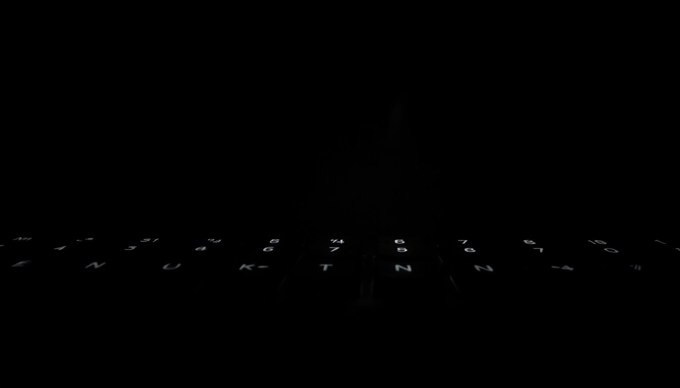 An extreme close-up photograph of a single computer keyboard key lit by a harsh, direct camera flash against a pitch-black background, conveying the stark, gritty nature of a major cybercrime incident.