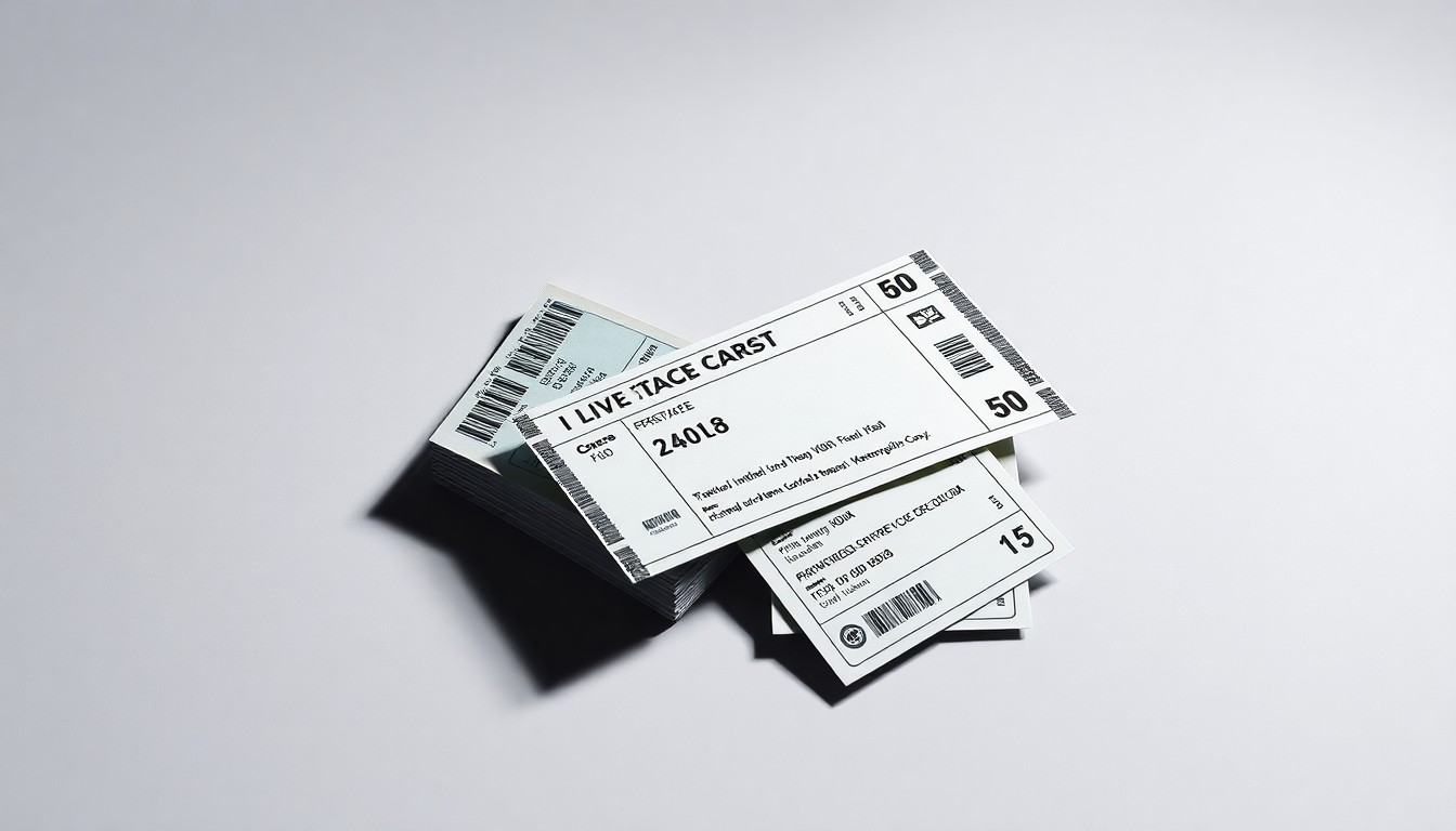 A minimalist studio photograph featuring a stack of concert tickets, a crumpled ticket stub, and a pair of backstage passes arranged on a clean, monochromatic background, conceptually representing the corporate strategy and market dynamics at the heart of the Live Nation antitrust case.
