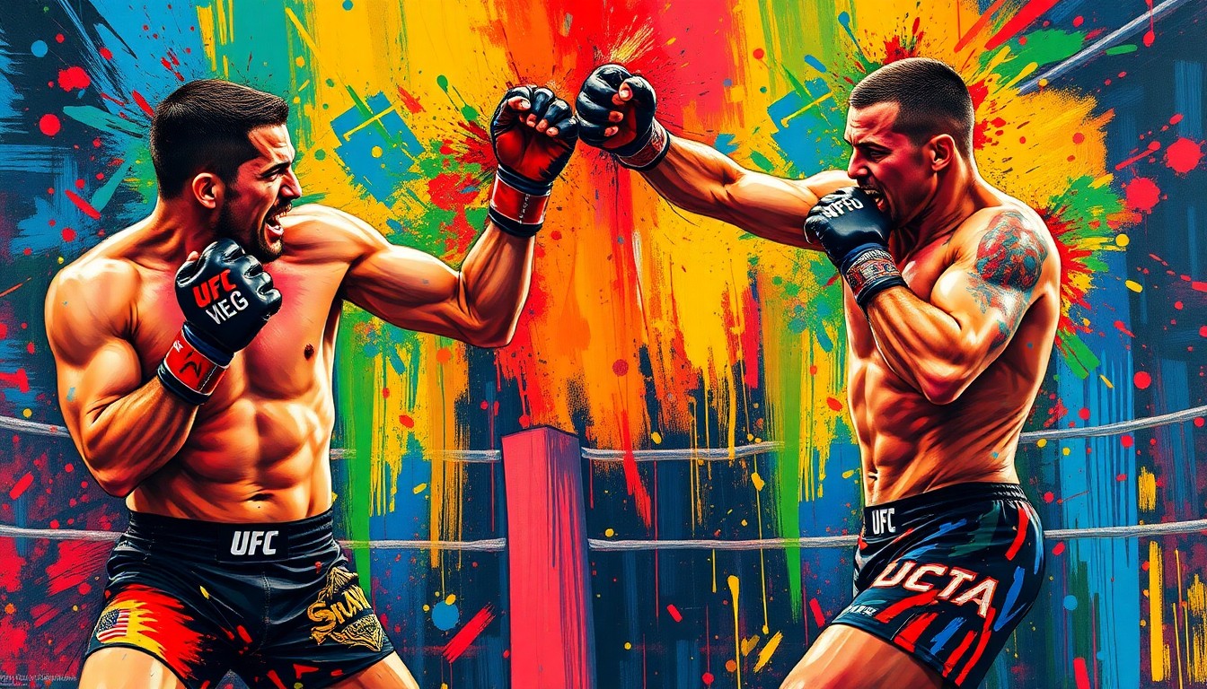 An abstract, expressionist painting depicting the intense physicality and raw energy of an MMA fight, with the fighters' forms dissolved into vibrant brushstrokes of neon colors.