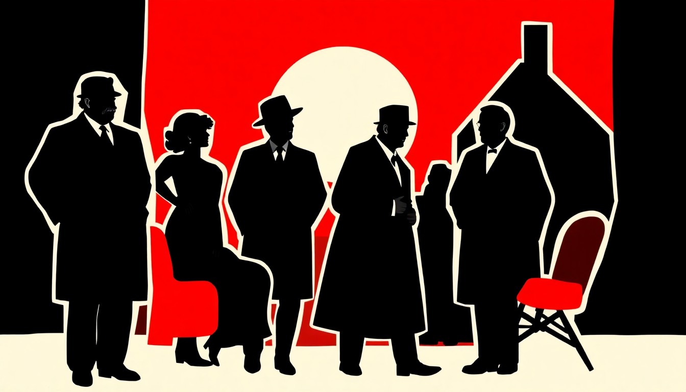 A striking, minimalist illustration featuring bold, geometric shapes and silhouettes in high-contrast colors, representing the iconic characters and setting of the long-running radio drama The Archers.