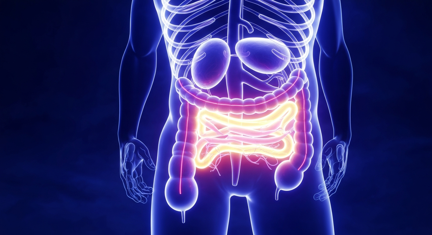 A minimalist, neon-outlined illustration of the human digestive system, with the terminal ileum section glowing brightly, conveying the importance of this final step in a colonoscopy procedure.