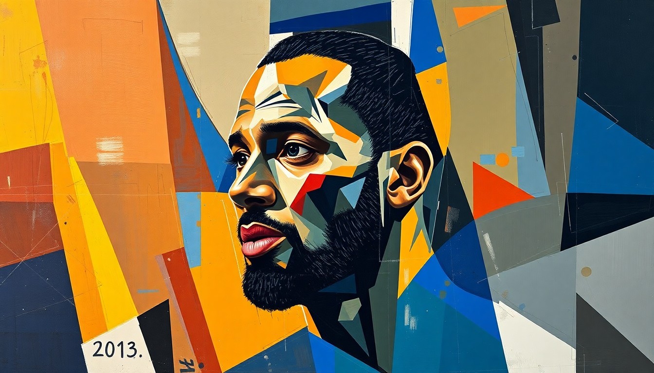 A fractured, geometric painting depicting the various stages and challenges of Chris Paul's basketball career, with sharp, overlapping planes of color and form representing the highs and lows of his legendary run.