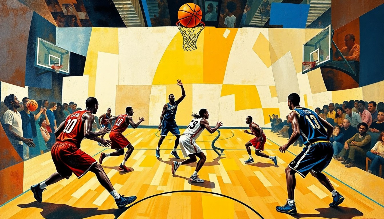 A cubist, geometric painting depicting the dynamic movement and energy of a basketball game, with the players' forms deconstructed into sharp, overlapping planes of color and shape.