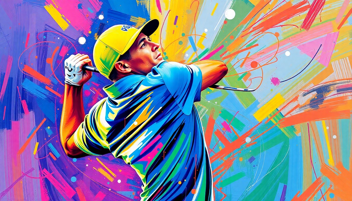 An abstract, energetic painting featuring bold brushstrokes of neon red, orange, and yellow, capturing the dynamic motion of a golfer's swing.
