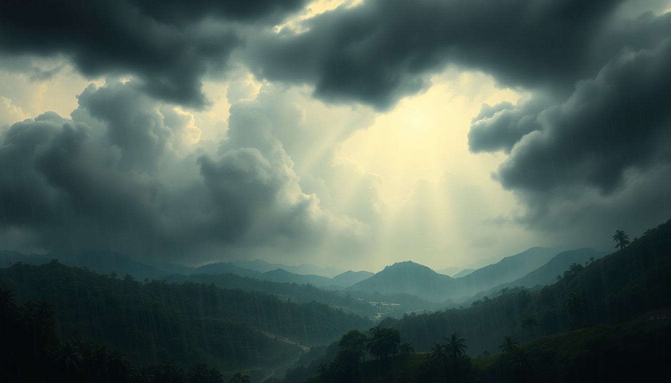 A dramatic, atmospheric landscape painting depicting a severe tropical cyclone, with heavy rain and wind sweeping across a vast, desolate scene, dwarfing any physical structures or infrastructure caught within the storm's path.