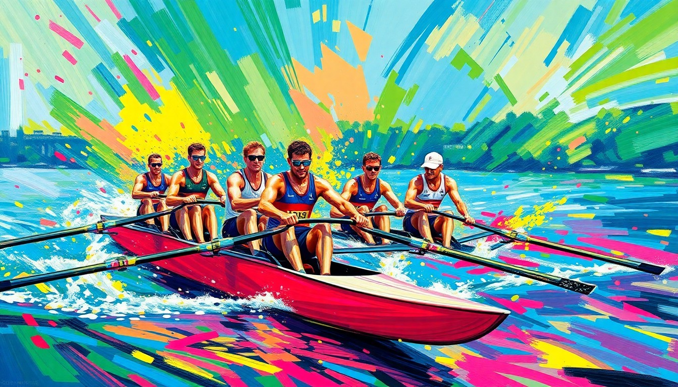 An abstract, expressionist painting in vibrant neon colors depicting the dynamic motion and energy of rowers competing in a boat race, with their forms and movements blending together in a swirling, energetic composition.