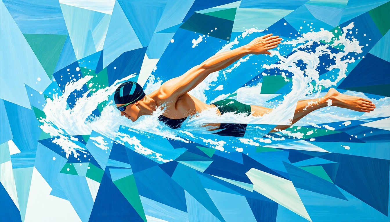 A cubist, geometric painting depicting the fragmented motion and energy of a swimmer in competition, using sharp, overlapping planes of vibrant blues, greens, and whites.