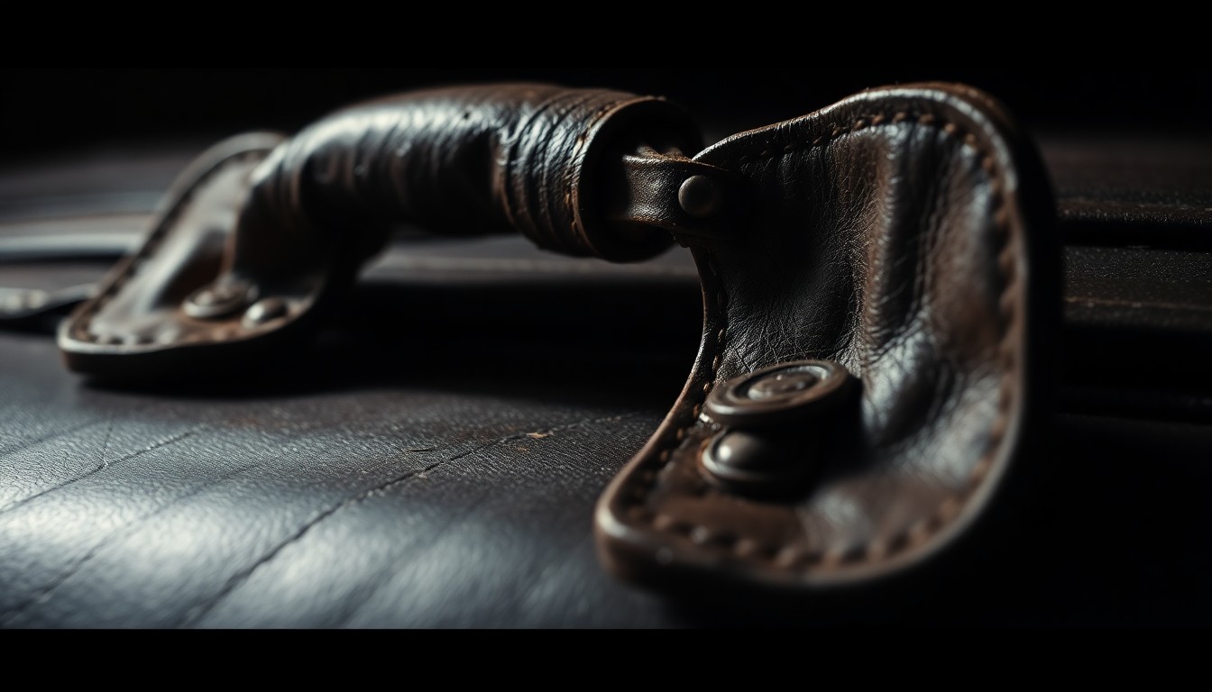 An abstract close-up photograph of a worn, weathered leather suitcase handle, capturing the textures and shadows that evoke a sense of displacement and the emotional toll of a life in transit.