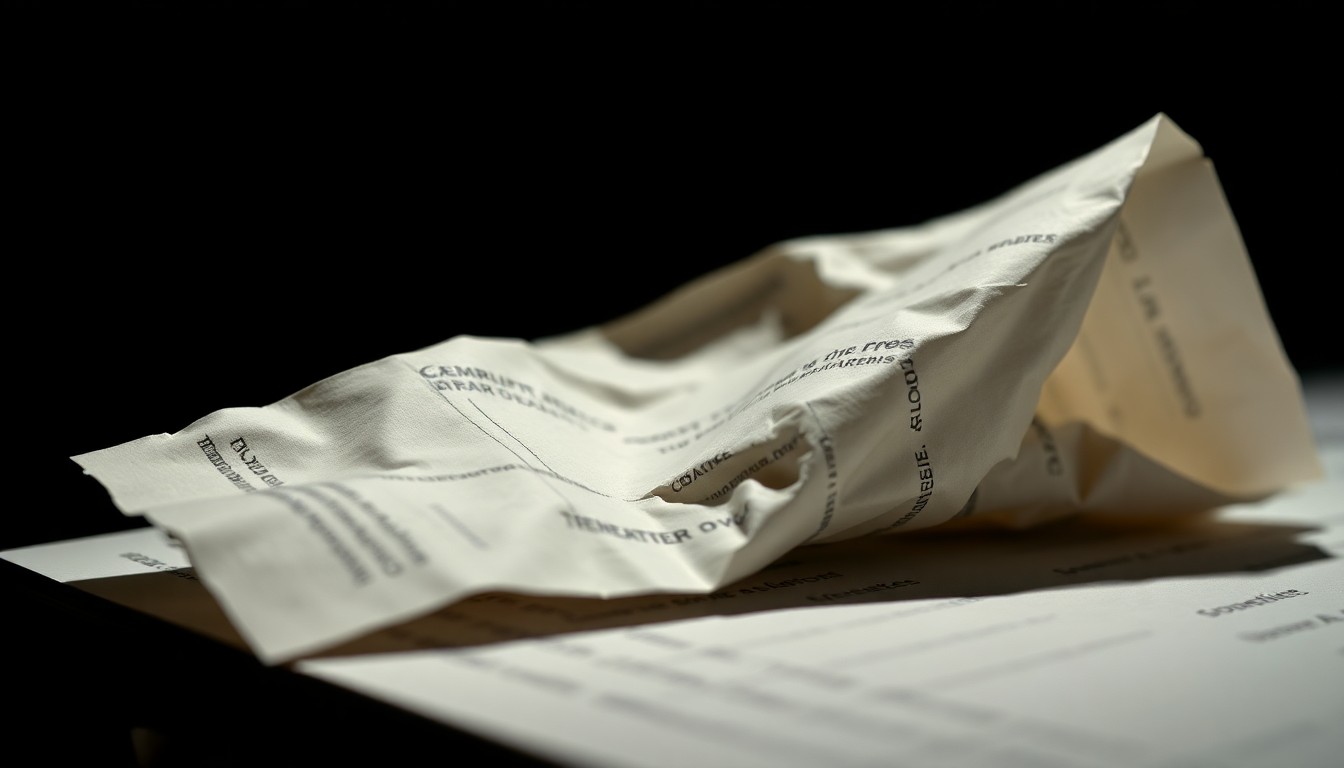 An extreme close-up of a crumpled theater program or ticket stub, with dramatic shadows and highlights creating a high-contrast, glamorous texture that conceptually represents the fragility and emotional weight of the theater experience.