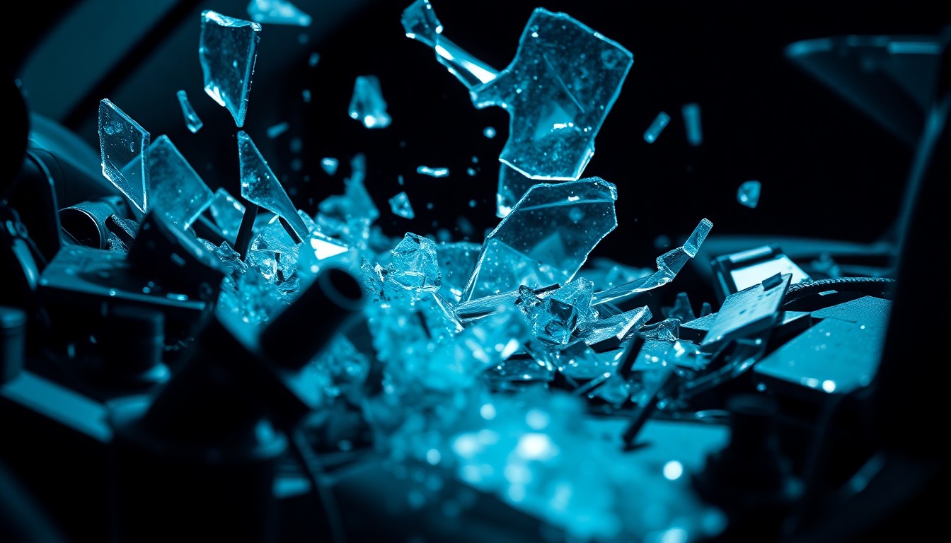 An abstract close-up image of shattered glass and twisted metal, capturing the chaos and tension of a car crash through dramatic lighting and texture.