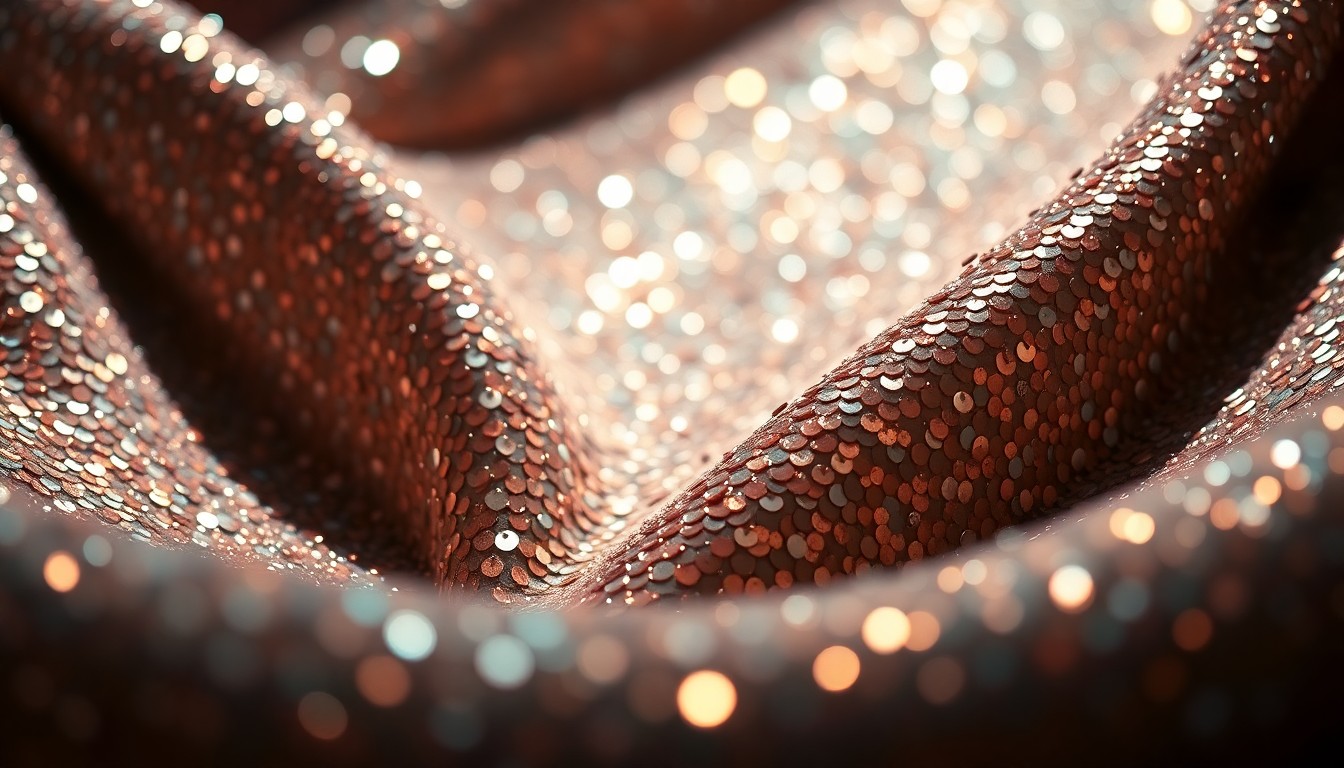 An extreme close-up of shimmering, high-contrast textures like glittering sequins and shattered glass, conceptually representing the glamour and challenges of the entertainment industry.