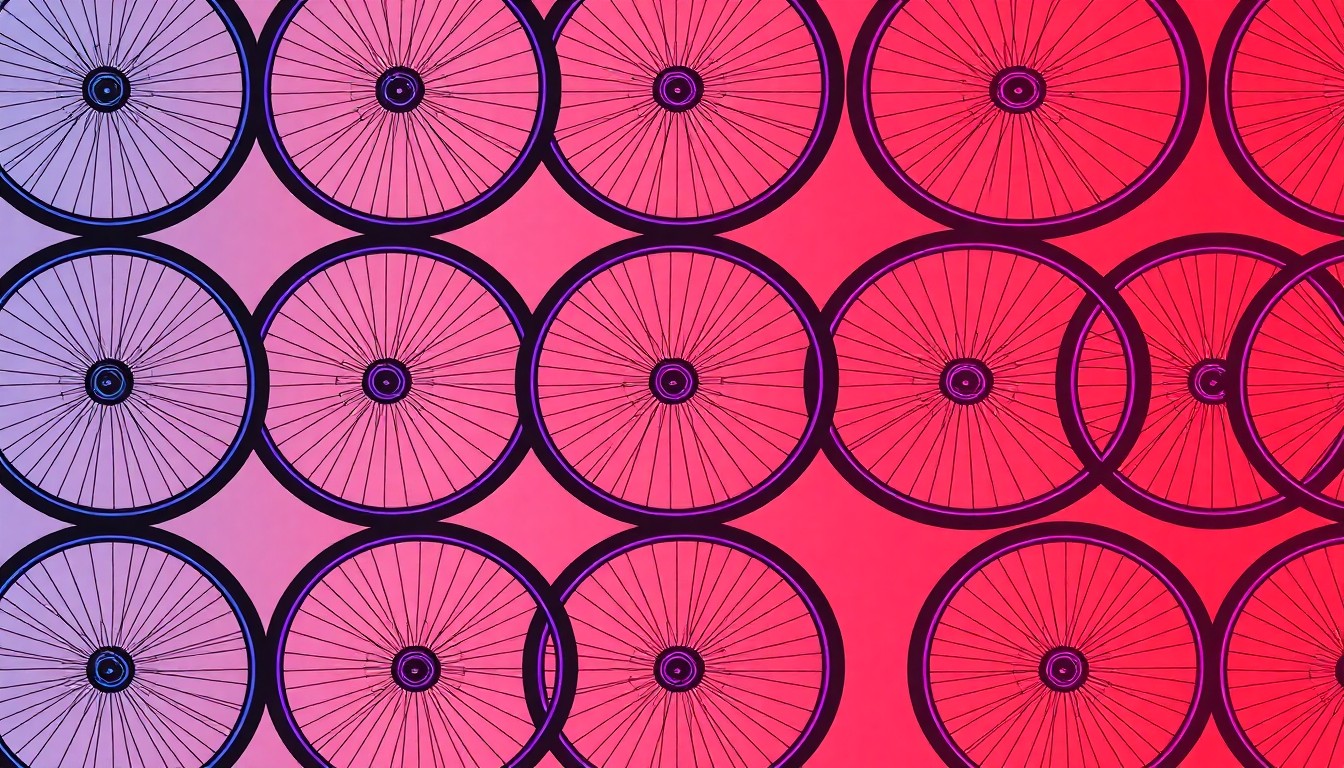 A bold, colorful silkscreen-style illustration featuring a repeated pattern of a bicycle wheel in neon shades of blue, green, and pink, conceptually representing the accessibility and community spirit of free repair services.