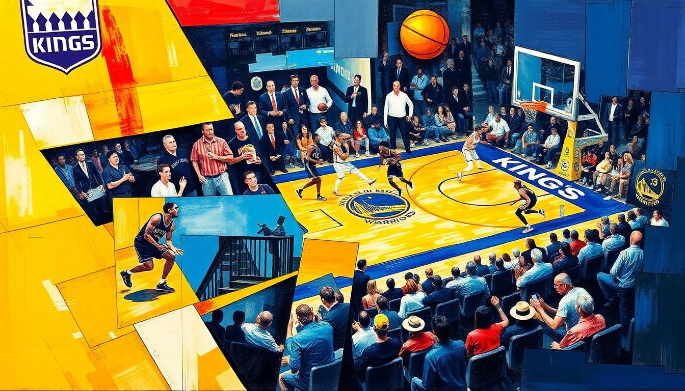 A cubist, geometric painting depicting a basketball game between the Sacramento Kings and Golden State Warriors, with the players and court rendered in sharp, overlapping planes of color and form.