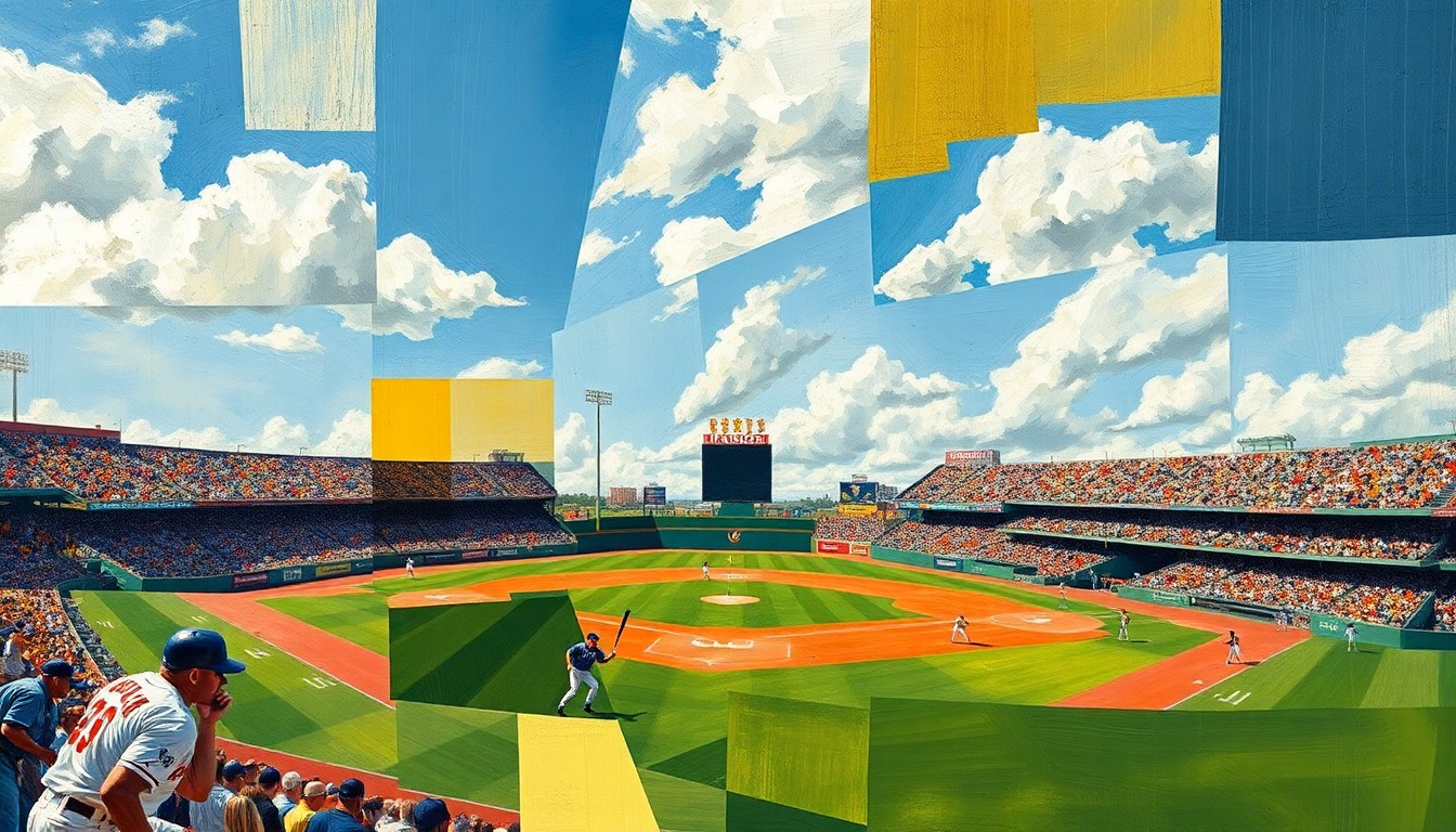 A fragmented, abstract painting featuring sharp, overlapping geometric shapes and planes of color, representing the multifaceted nature of predicting fantasy baseball busts.