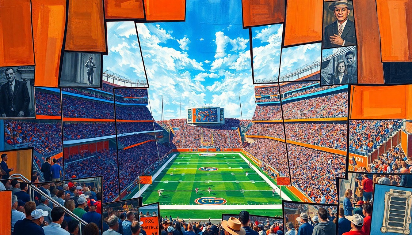 A cubist, geometric painting depicting the Ben Hill Griffin Stadium in Gainesville, Florida, with the field, stands, and players fractured into overlapping planes of bright orange, blue, and green, capturing the raw energy and passion of college football.