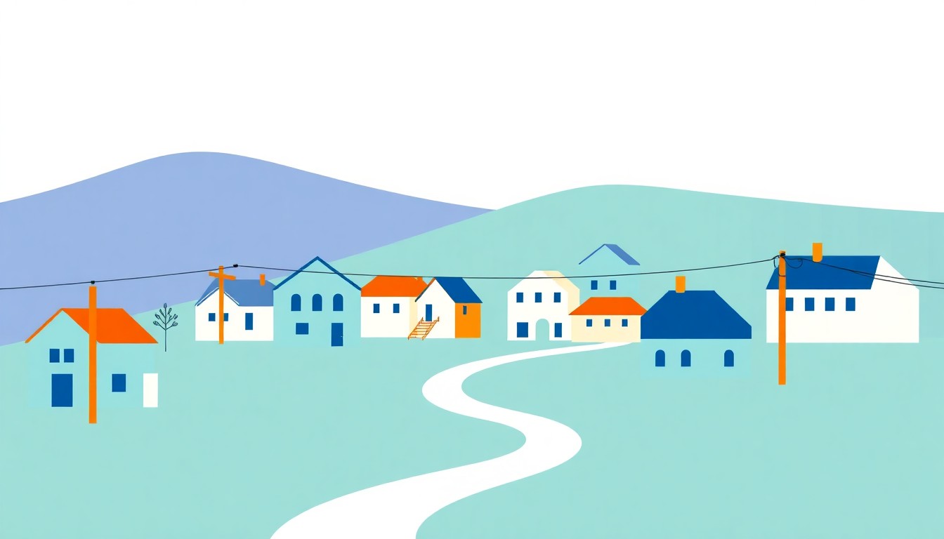 A vibrant abstract composition of overlapping triangles and rectangles in shades of blue, red, and yellow, conceptually representing a town's long-term electricity purchase agreement.