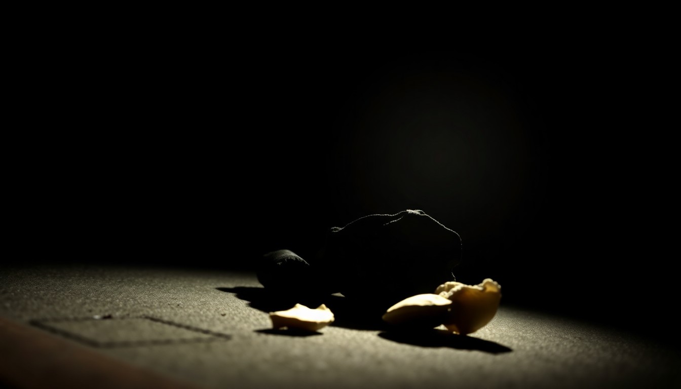 An extreme close-up photograph of a crumpled piece of fabric, its texture and shadows dramatically illuminated by a harsh flash against a pitch-black background, conceptually representing the fragmented evidence in the Nancy Guthrie case.