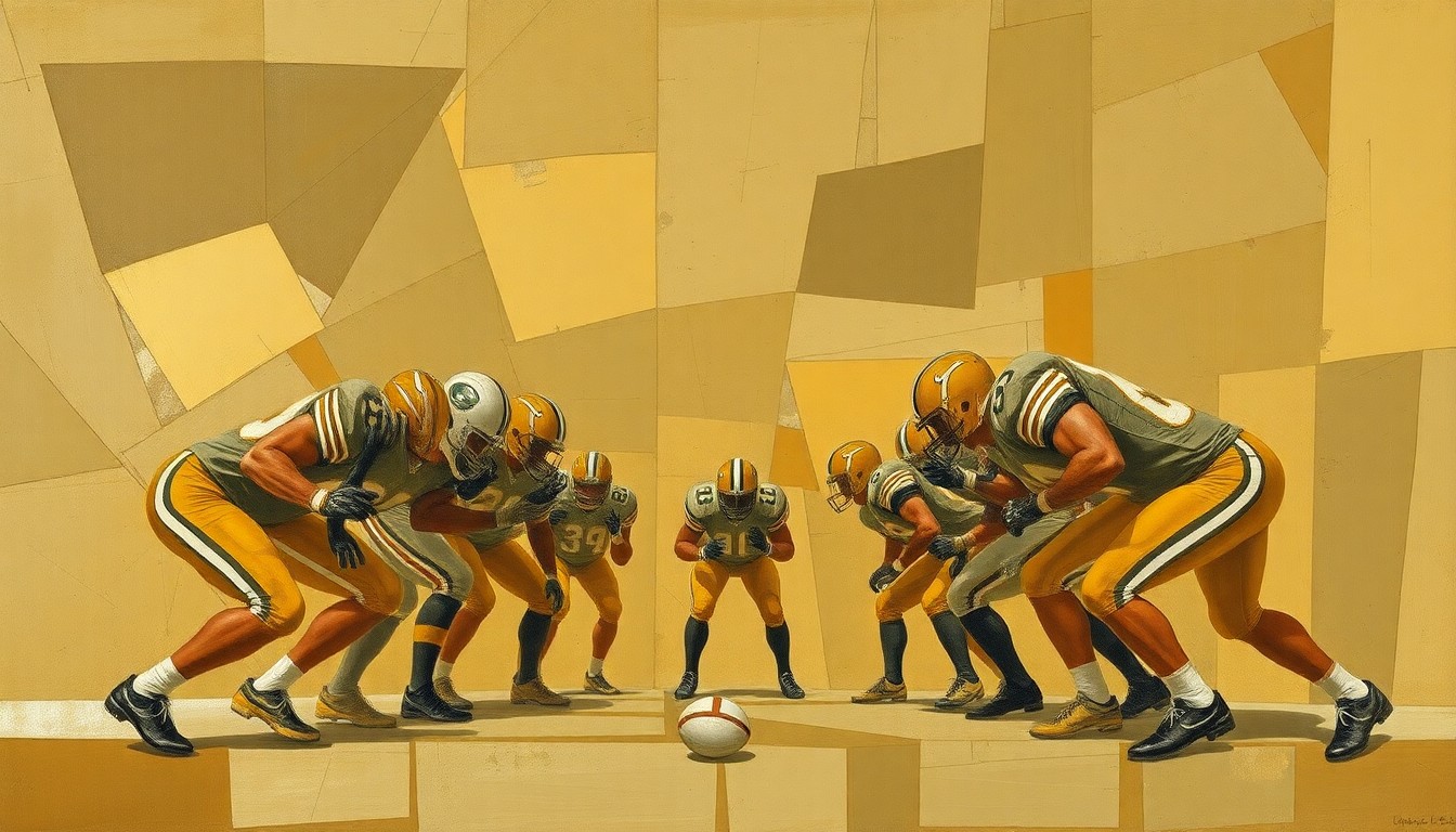 A cubist, geometric painting depicting an American football offensive line, with sharp, overlapping planes in muted earth tones conveying the fragmented and complex nature of protecting a left-handed quarterback.