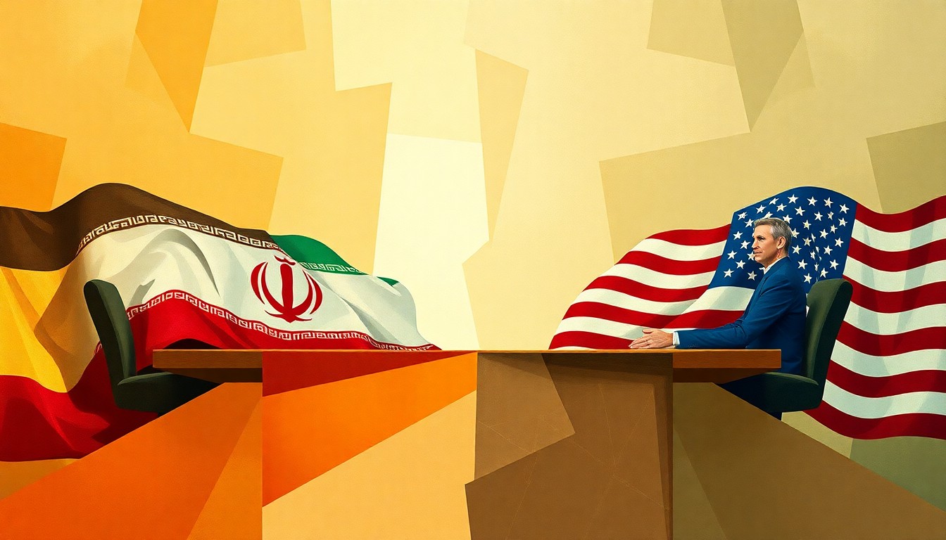 A dynamic, abstract painting featuring overlapping geometric shapes and waves of warm, earthy colors representing a negotiating table with the flags of Iran and the United States.