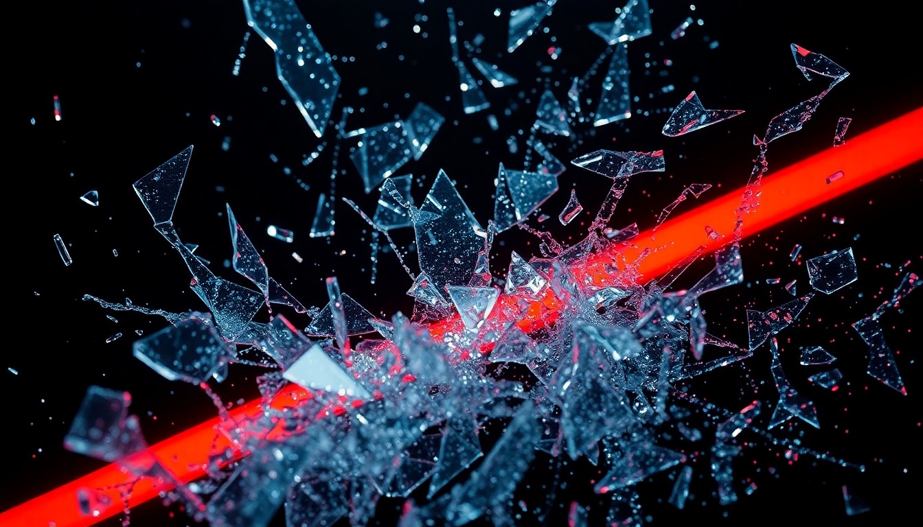 An abstract close-up photograph featuring shattered glass and glittering shards in dramatic, high-contrast lighting, conceptually representing the mysterious and elusive nature of the Darth Plagueis character.