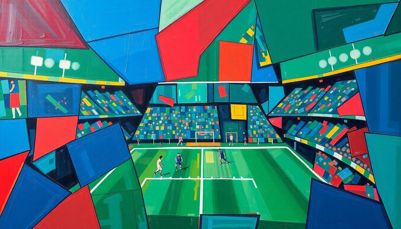 A cubist, geometric painting depicting fragmented football players and equipment in a dynamic, multi-angled composition, capturing the energy and excitement of the NFL Combine.