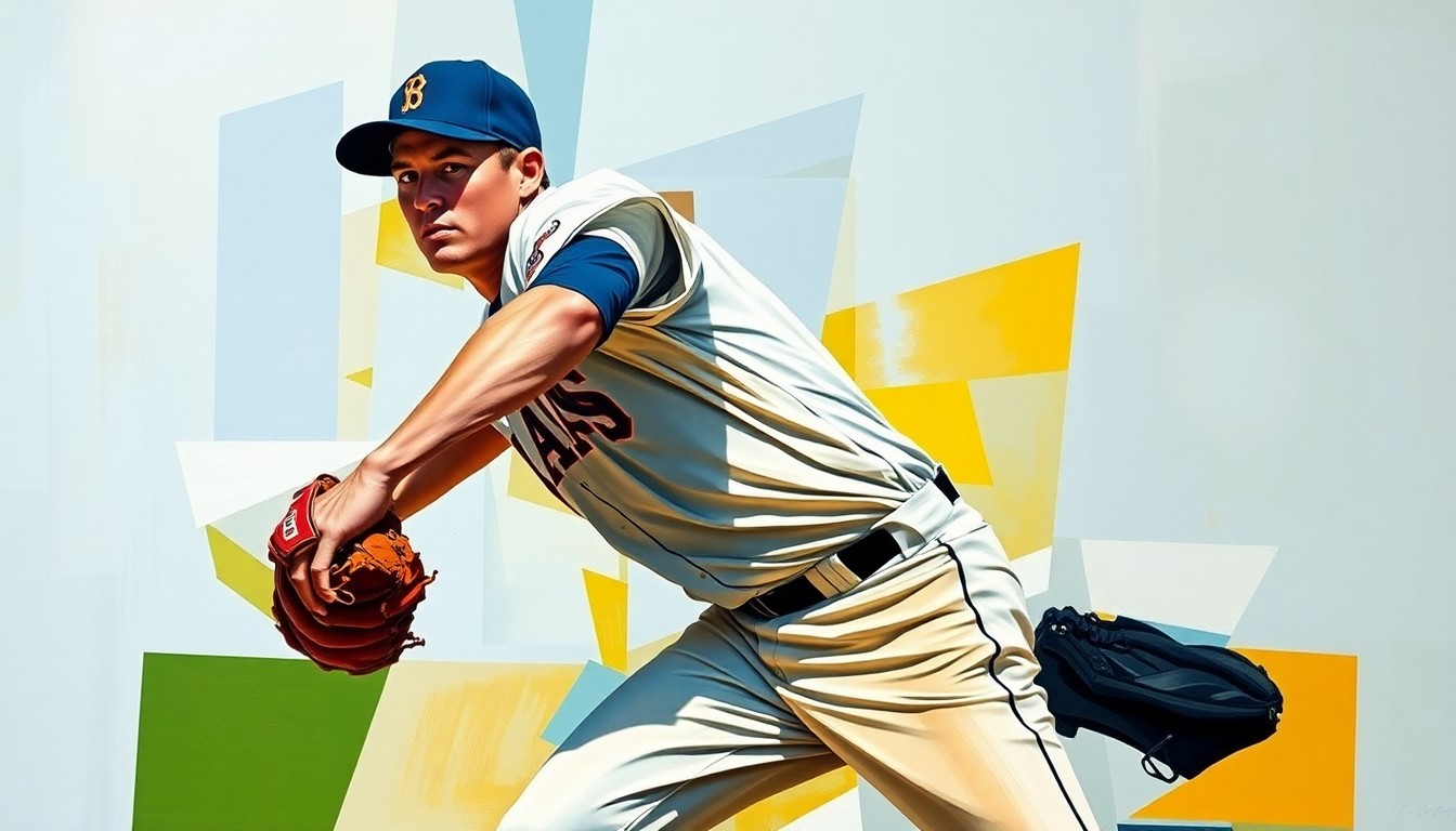 A fractured, geometric painting depicting the dynamic movements of a baseball pitcher, with the player's face and uniform obscured, conveying the conceptual idea of the challenges facing pitching rotations in the modern game.