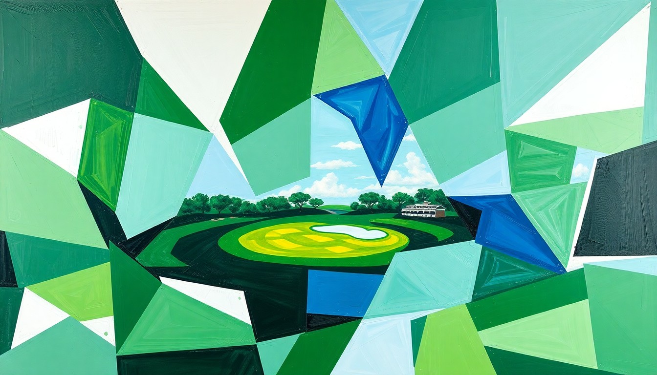 A fragmented, geometric painting depicting a women's golf tournament, with overlapping planes of green, white, and blue representing the dynamic action and competition.