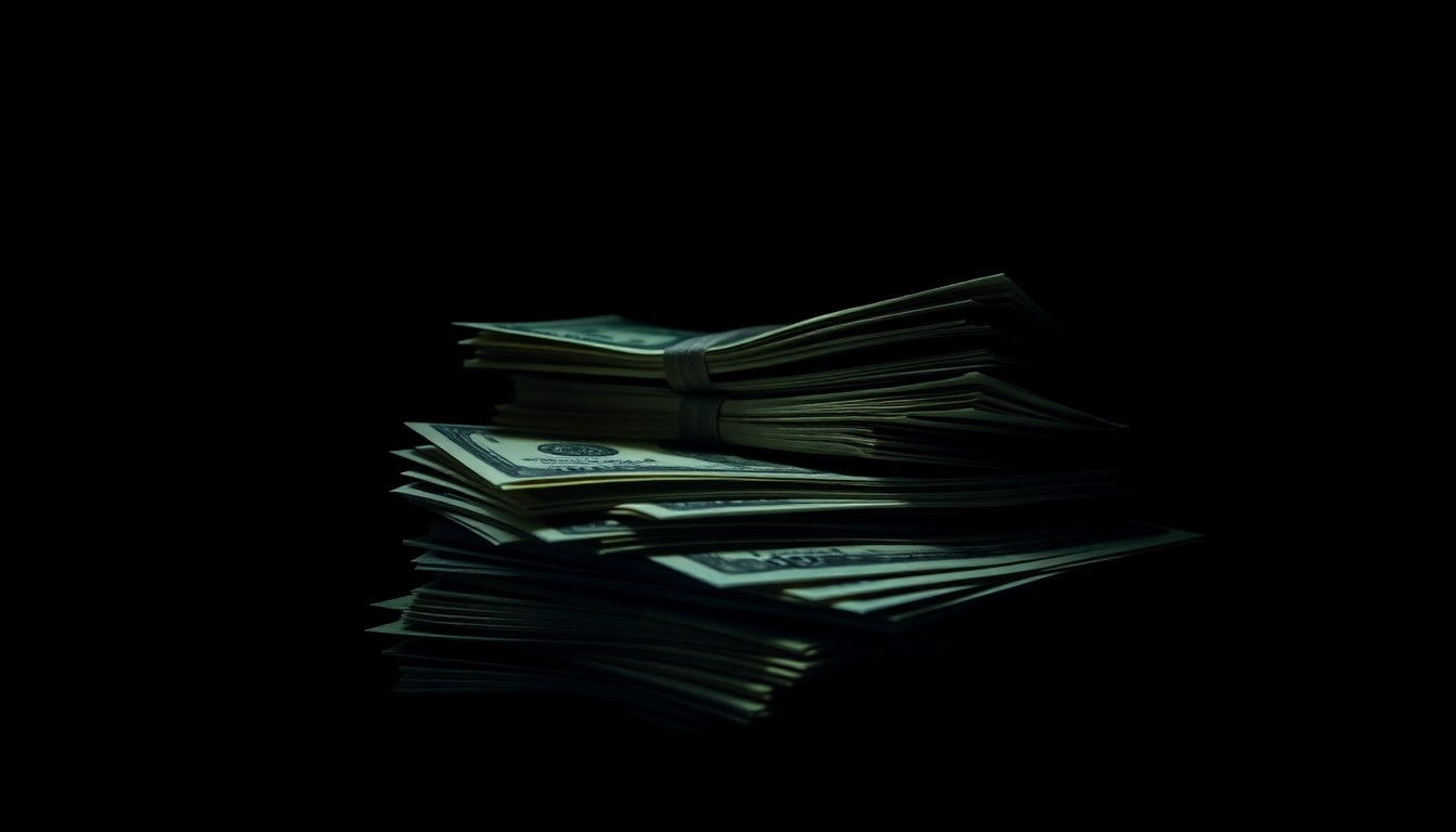An extreme close-up photograph of a stack of cash and financial documents, lit by a harsh, direct camera flash against a pitch-black background, creating a stark, gritty, investigative aesthetic that conceptually illustrates the corruption uncovered within the city's homeless shelter system.