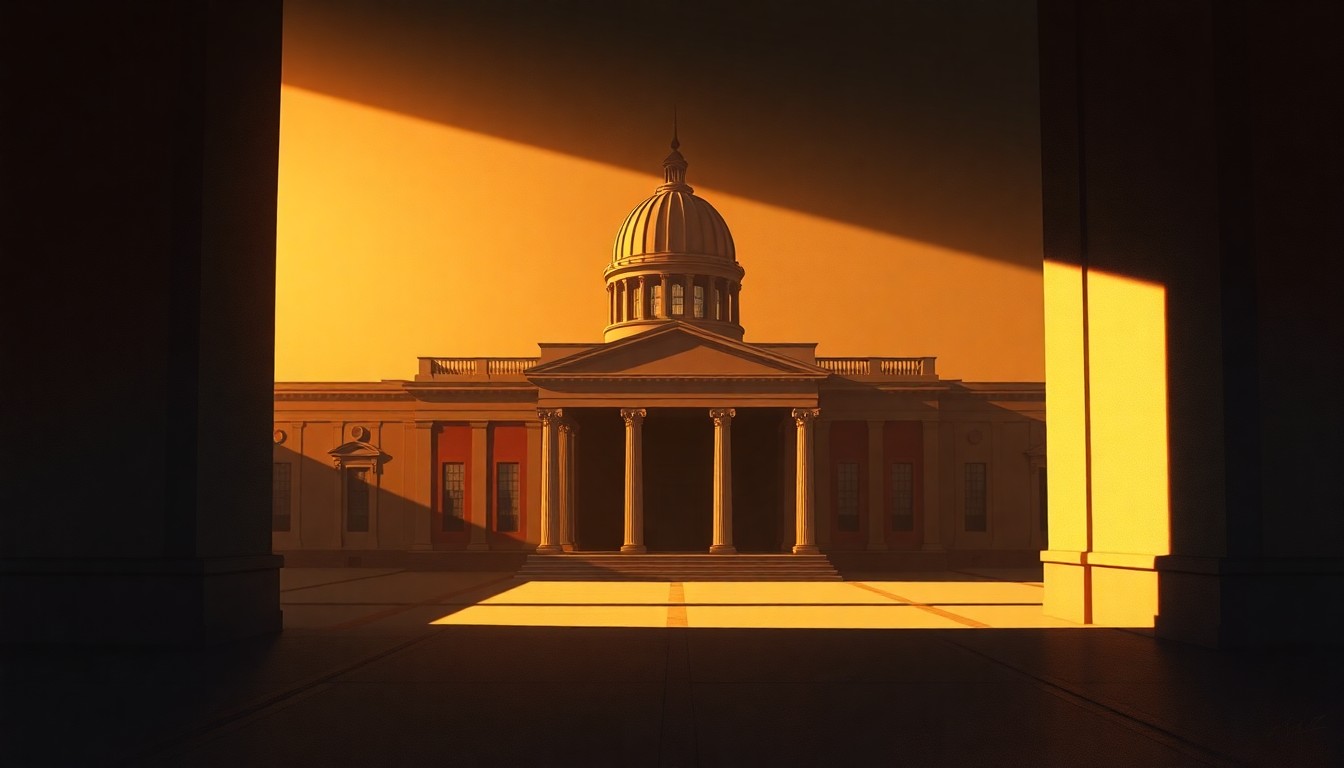 A serene, photorealistic painting of a government office building or political space, with warm sunlight streaming through the windows and deep shadows casting a contemplative mood, conceptually representing the legal and political debate surrounding the 'millionaires tax'.
